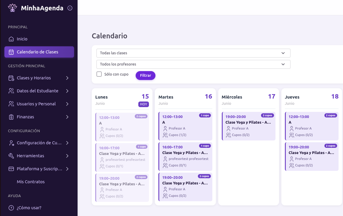 Panel de administración de Minha Agenda